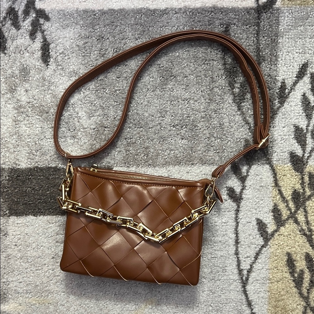 Brown Quilted Woven Leather Bag with Gold Chain